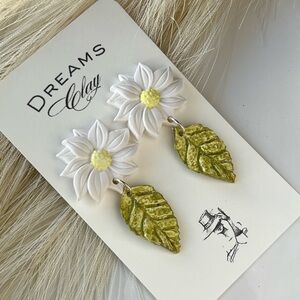 Dreams Clay White Daisy and Green Leaf Drop Earrings